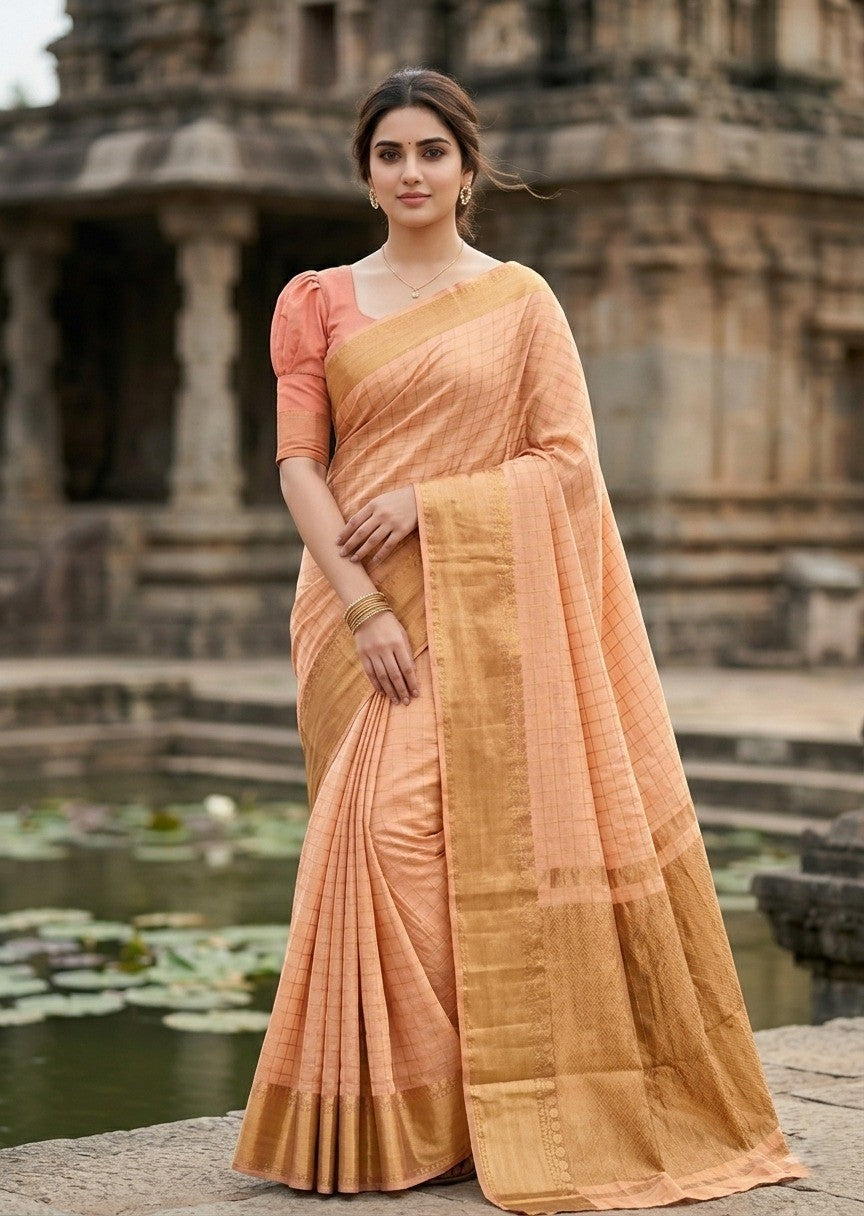Southloom Kerala Semi Silk Saree With Check Design In Peach