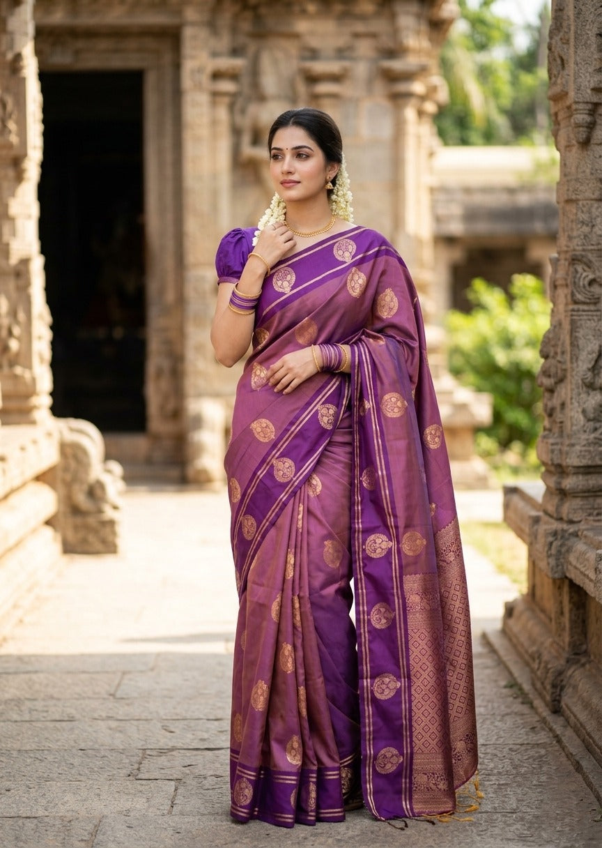 Southloom Semi Soft Silk Saree with Butta Works Across Body And Borders In Vilolet