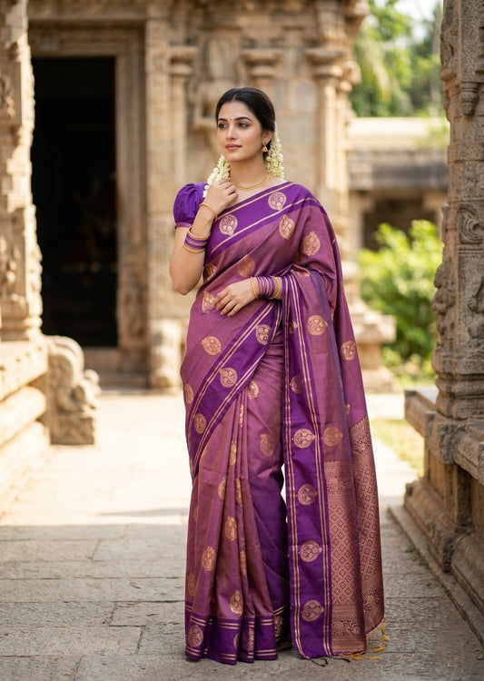 Southloom Semi Soft Silk Saree with Butta Works Across Body And Borders In Vilolet