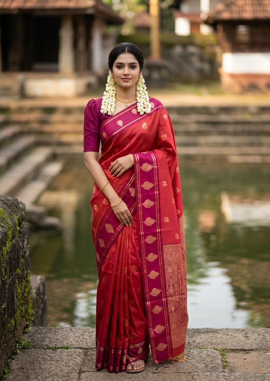 Southloom Semi Soft Silk Saree with Butta Works Across Body And Borders Red & Magenta And Red