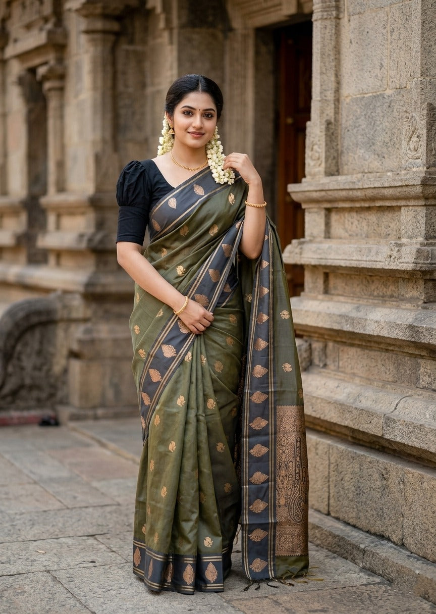 Southloom Semi Soft Silk Saree with Butta Works Across Body And Borders In Green