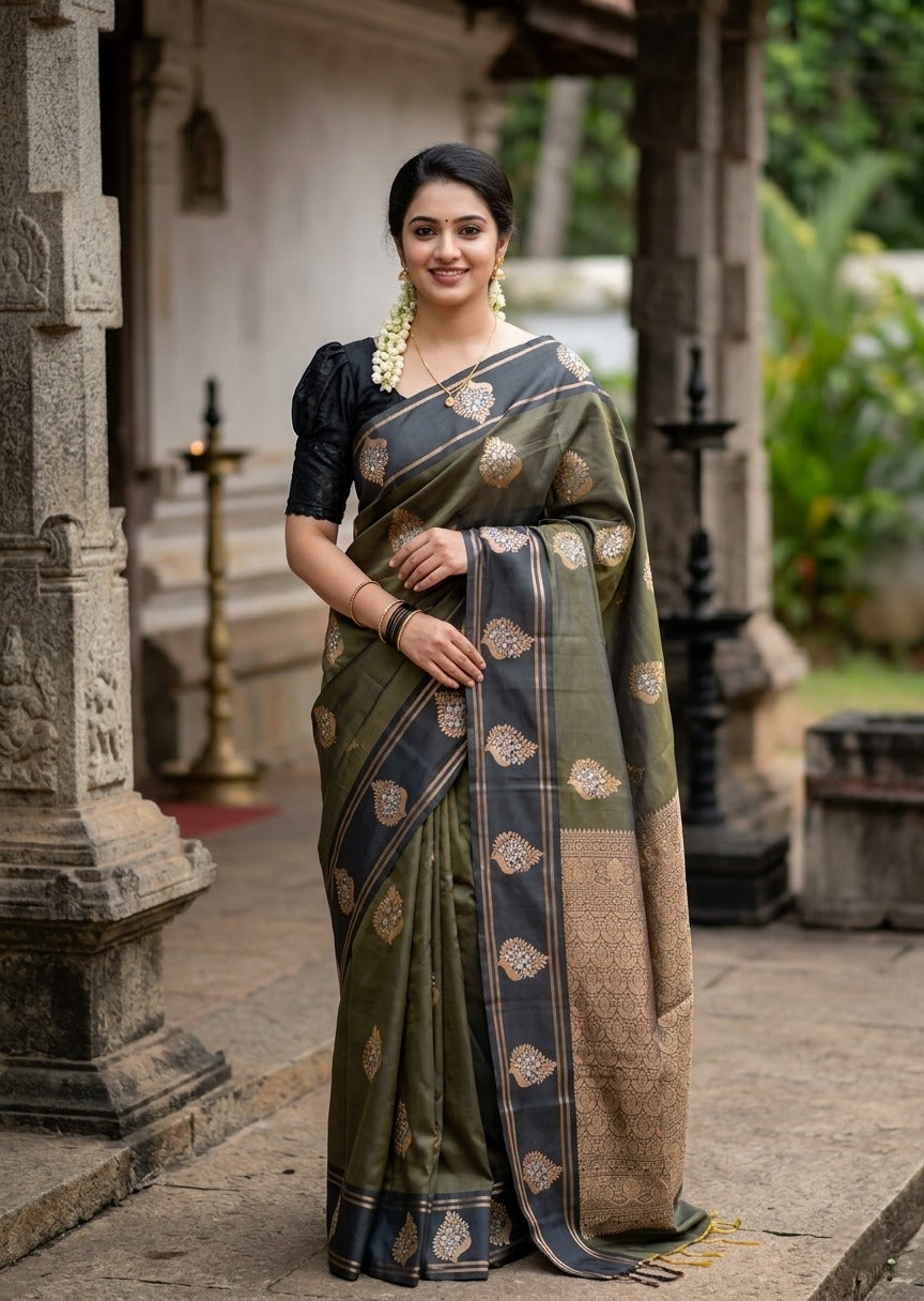 Southloom Semi Soft Silk Saree with Butta Works Across Body And Borders In Green