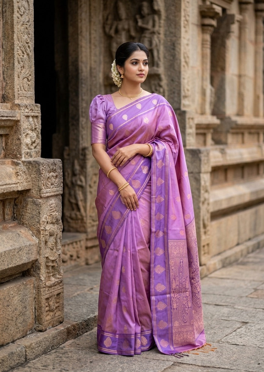 Southloom Semi Soft Silk Saree with Butta Works Across Body And Borders In Lavender