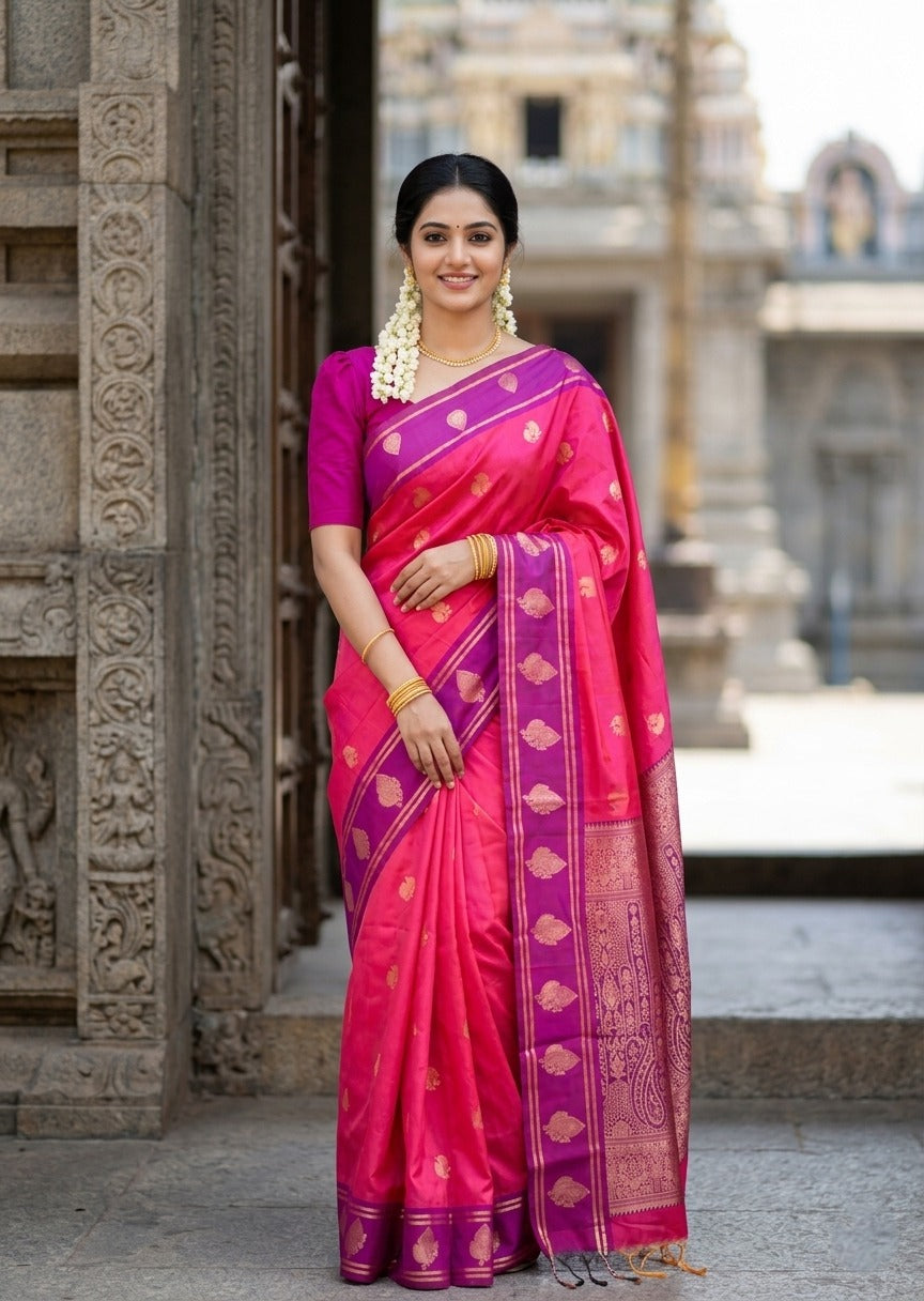 Southloom Semi Soft Silk Saree with Butta Works Across Body And Borders In Pink And Magenta