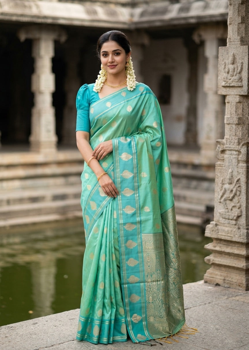 Southloom Semi Soft Silk Saree with Butta Works Across Body And Borders In Blue