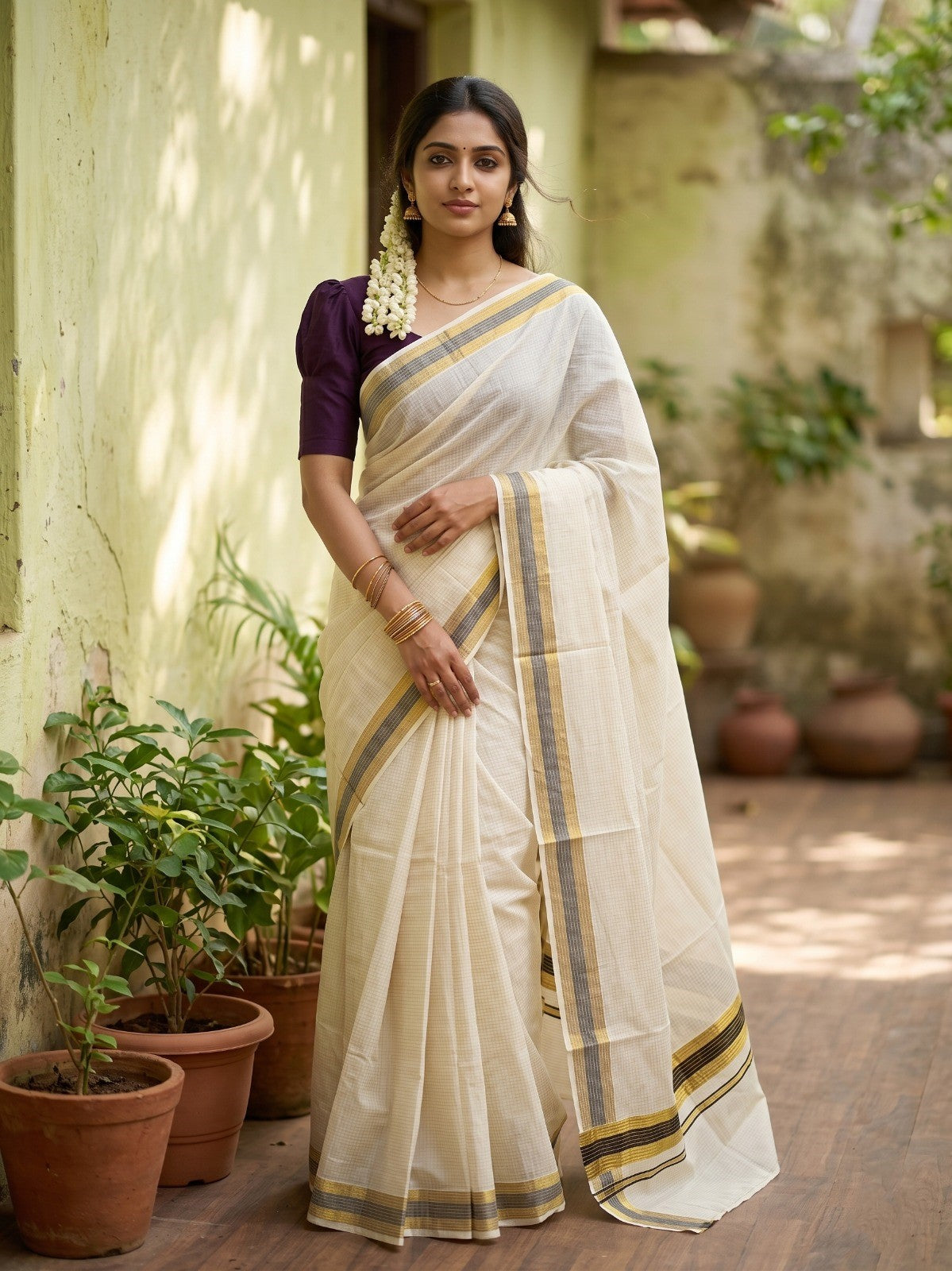 Southloom Kerala Cotton Kasavu Saree with Micro Check Design on Body in Brown & Black Border SL481