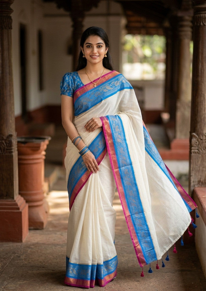 Southloom Mul Cotton 120 x 120 Soft Fabric Saree Multicolour With Kanchi Border SL215