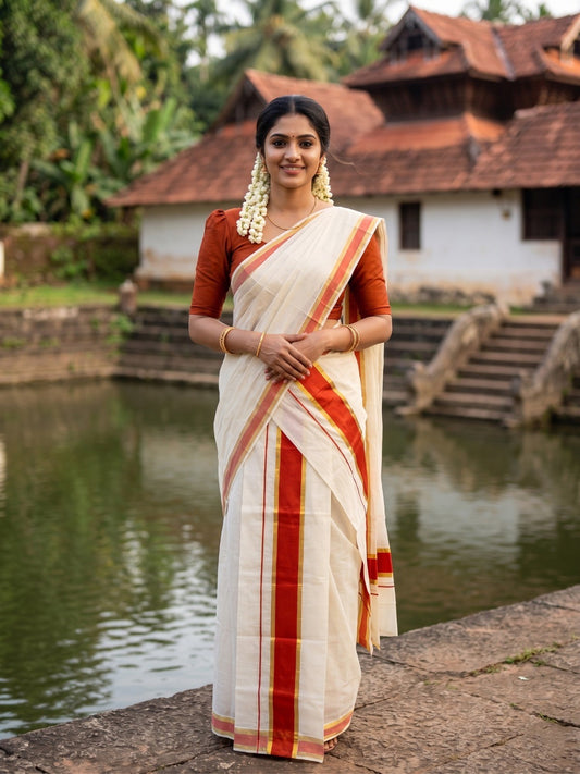 Kerala Cotton Set Mundu (Mundum Neriyathum) with Orange and Kasavu Border 2.80 Mtrs SLKK SL470