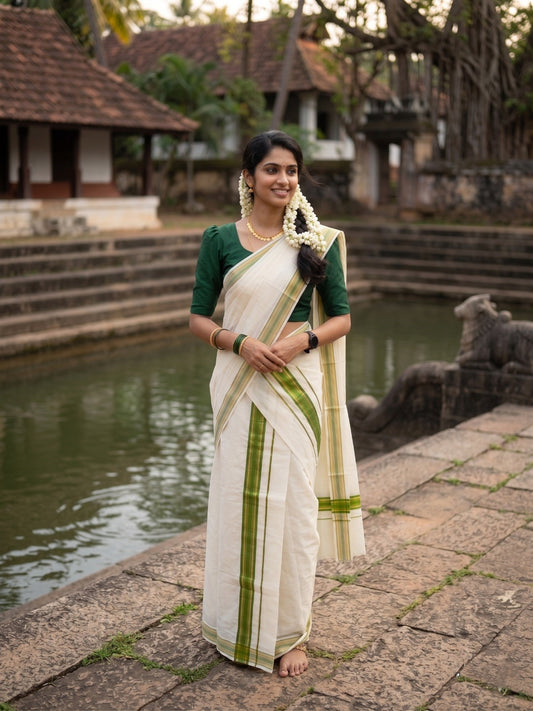 Kerala Cotton Set Mundu (Mundum Neriyathum) with Kasavu and Olive Green Border 2.80 Mtrs SLKK SL470