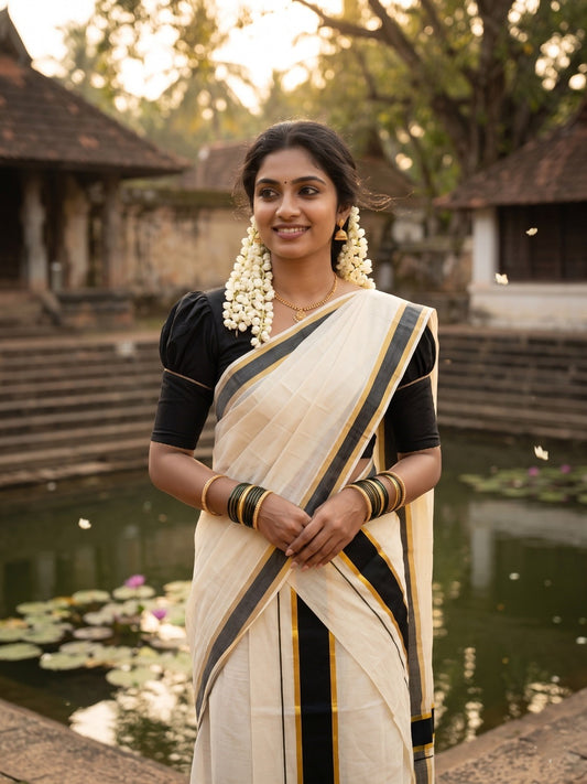 Kerala Cotton Set Mundu (Mundum Neriyathum) with Black and Kasavu Border 2.80 Mtrs SLKK SL470