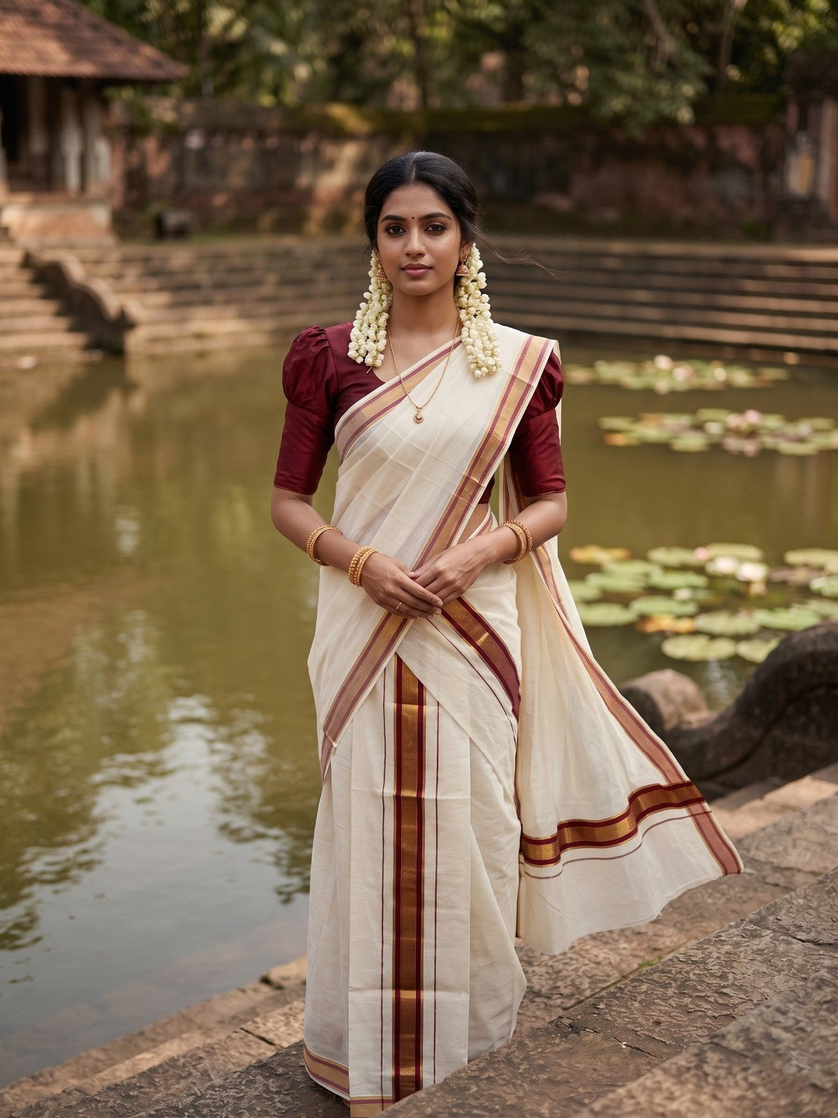 Southloom Pure Cotton Kerala Single Set Mundu (Mundum Neriyathum) with Maroon and Kasavu Border 2.80 Mtrs SLKK