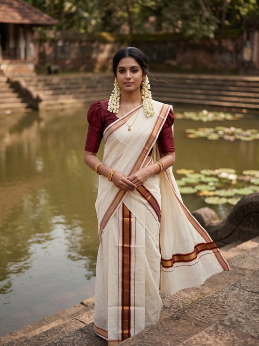 Southloom Pure Cotton Kerala Single Set Mundu (Mundum Neriyathum) with Maroon and Kasavu Border 2.80 Mtrs SLKK