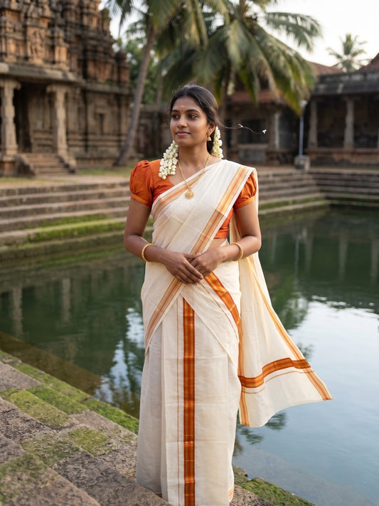 Kerala Cotton Set Mundu (Mundum Neriyathum) with Orange and Kasavu Border 2.80 Mtrs SLKK  SL470