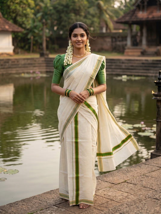 Kerala Cotton Set Mundu (Mundum Neriyathum) with Kasavu and Olive Green Border SLKK SL470
