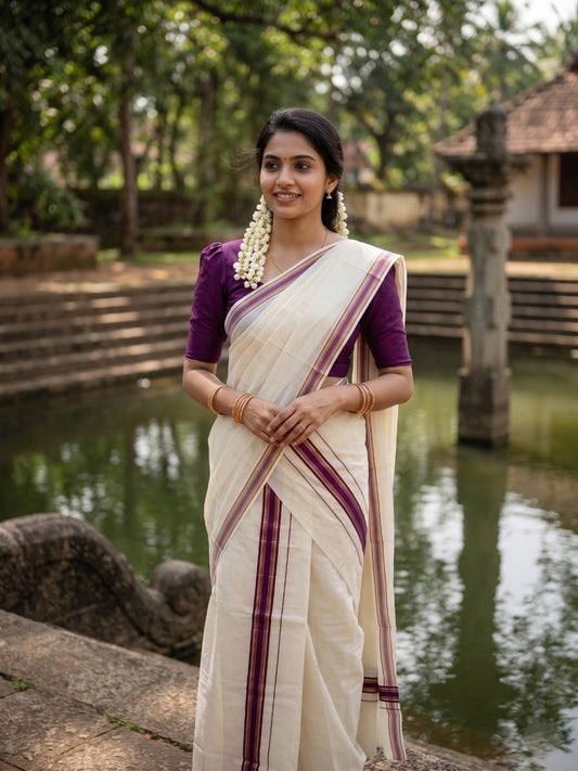 Kerala Cotton Set Mundu (Mundum Neriyathum) with Purple and Kasavu Border 2.80 Mtrs SLKK SL470