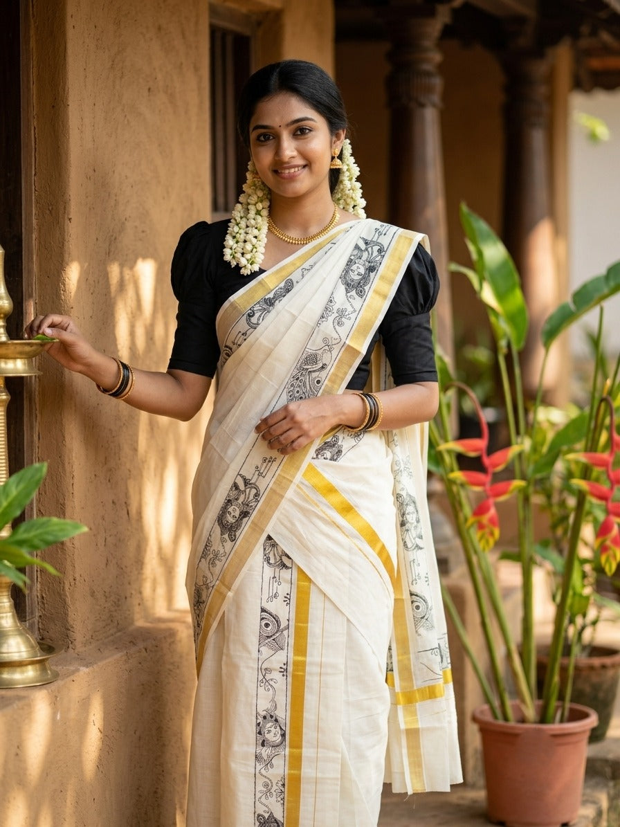Southloom Kerala Cotton Single Set Mundu (Mundum Neriyathum) with Mural Digital Print And Gold Kasavu Border In Black 2.80 mtr SL486