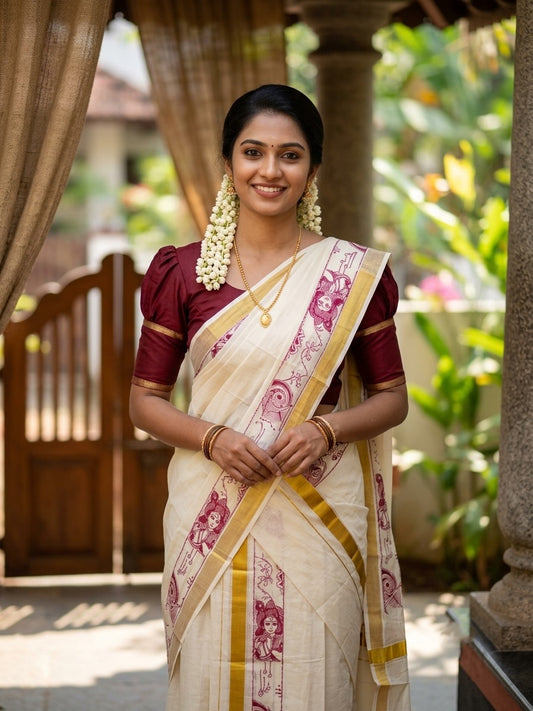 Southloom Kerala Cotton Single Set Mundu (Mundum Neriyathum) with Mural Digital Print And Gold Kasavu Border In Maroon 2.80 mtr SL486