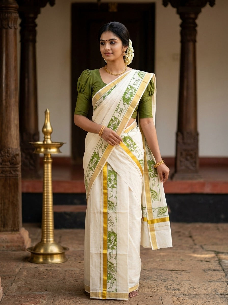 Southloom Kerala Cotton Single Set Mundu (Mundum Neriyathum) with Mural Digital Print And Gold Kasavu Border In Olive Green 2.80 mtr SL486