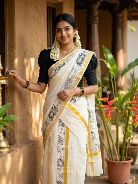 Southloom Kerala Cotton Single Set Mundu (Mundum Neriyathum) with Mural Digital Print And Gold Kasavu Border In Black 2.80 mtr SL486