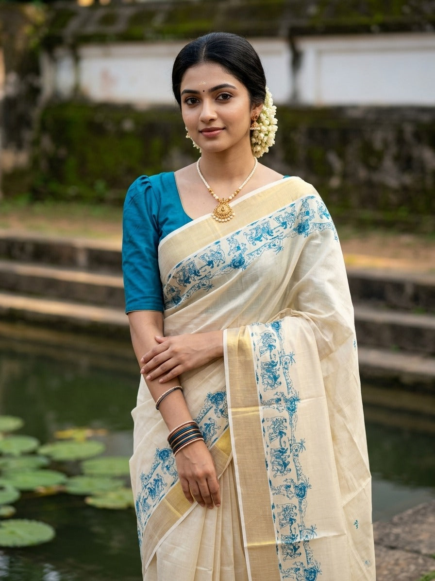 Southloom Tissue Kerala Kasavu Saree with Onam Digital Print on Body and Border in Peacock Blue SL495