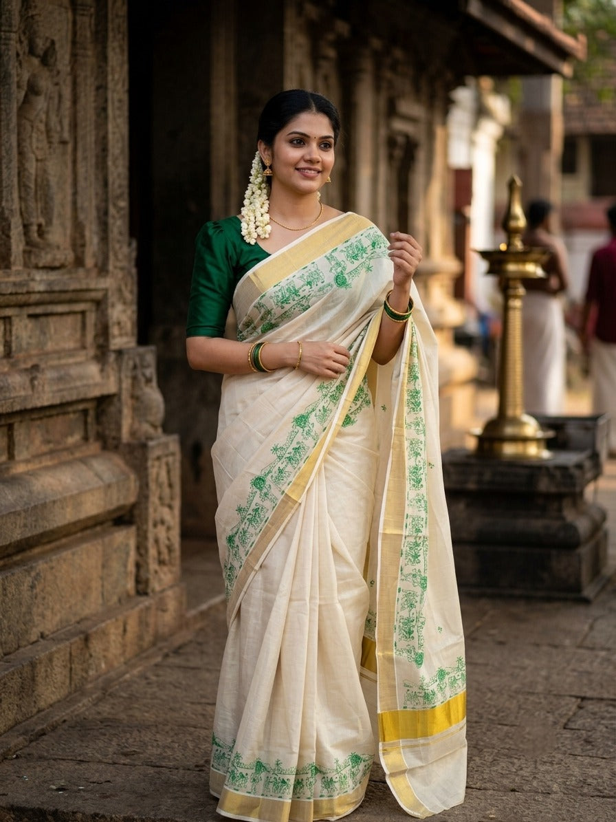 Southloom Tissue Kerala Kasavu Saree with Onam Digital Print on Body and Border in Green SL495