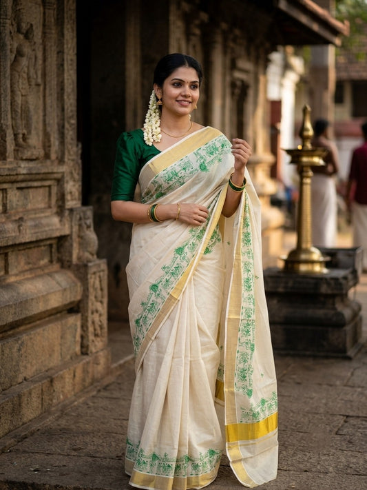 Southloom Tissue Kerala Kasavu Saree with Onam Digital Print on Body and Border in Green SL495