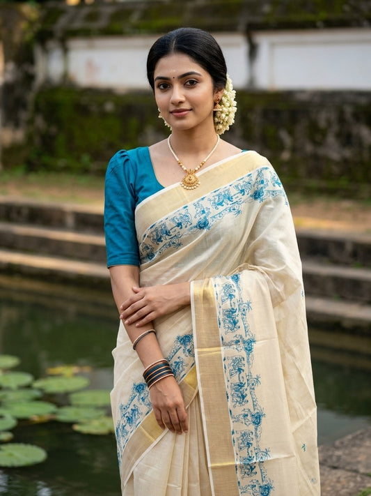 Southloom Tissue Kerala Kasavu Saree with Onam Digital Print on Body and Border in Peacock Blue SL495