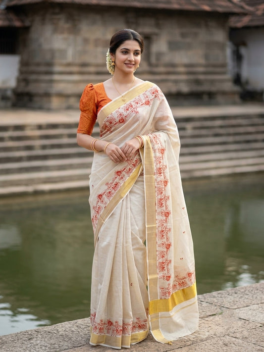 Southloom Tissue Kerala Kasavu Saree with Onam Digital Print on Body and Border in Orange SL495