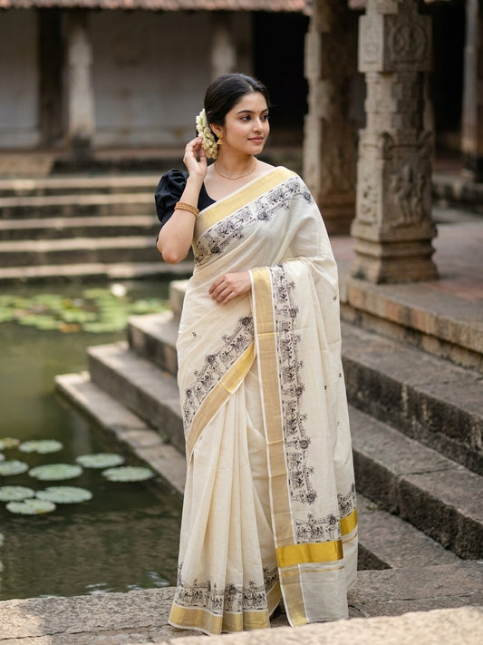 Southloom Tissue Kerala Kasavu Saree with Onam Digital Print on Body and Border in Black SL495