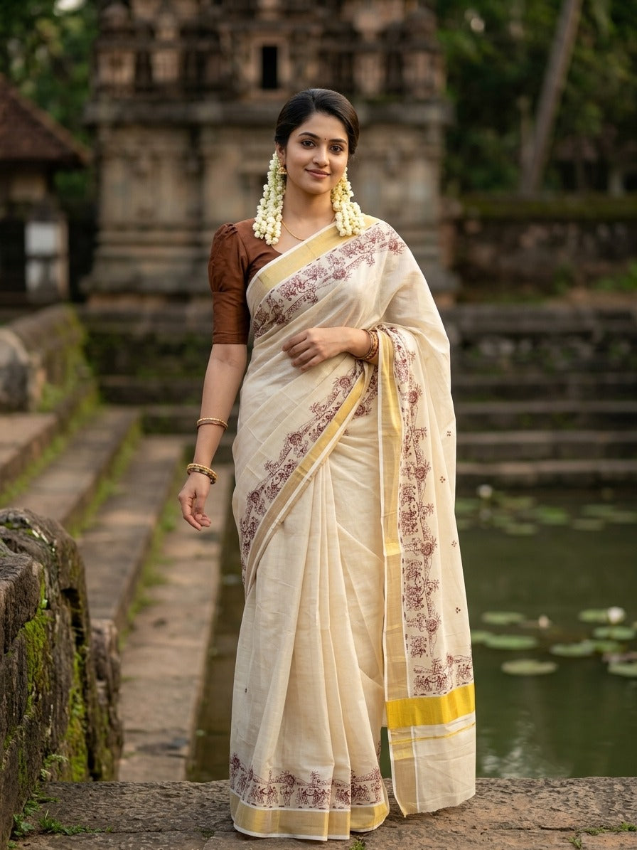 Southloom Tissue Kerala Kasavu Saree with Onam Digital Print on Body and Border in Brown SL495