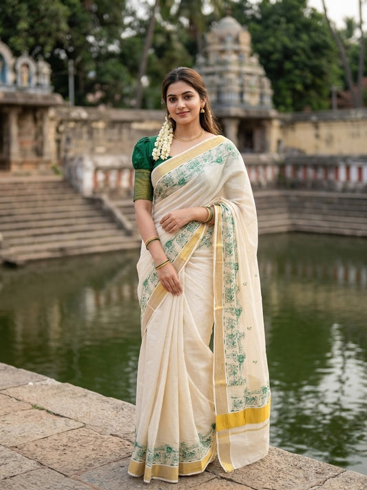 Southloom Tissue Kerala Kasavu Saree with Onam Digital Print on Body and Border in Green SL495