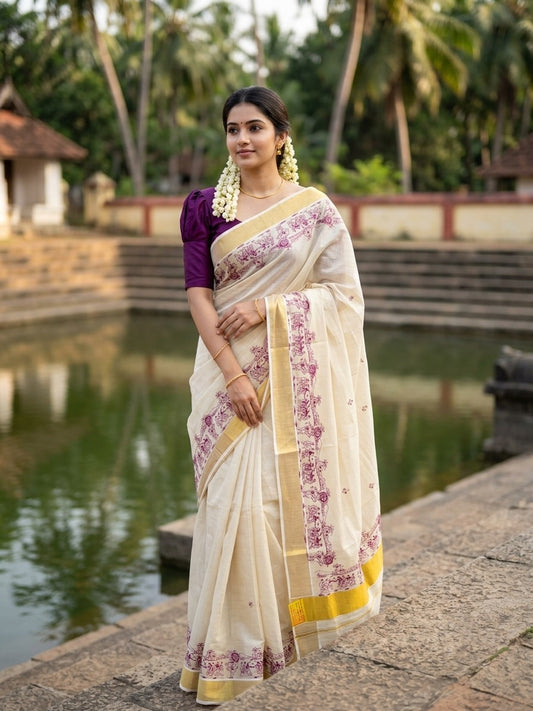 Southloom Tissue Kerala Kasavu Saree with Onam Digital Print on Body and Border in Purple SL495