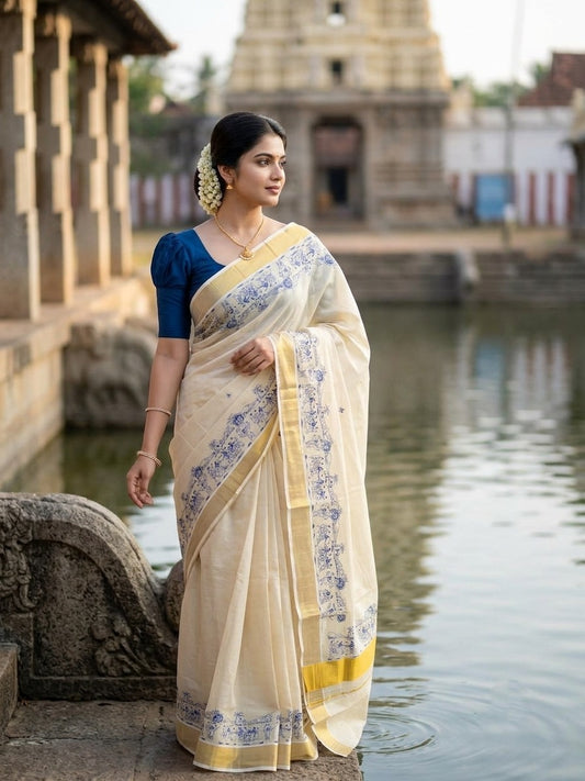 Southloom Tissue Kerala Kasavu Saree with Onam Digital Print on Body and Border in Blue SL495