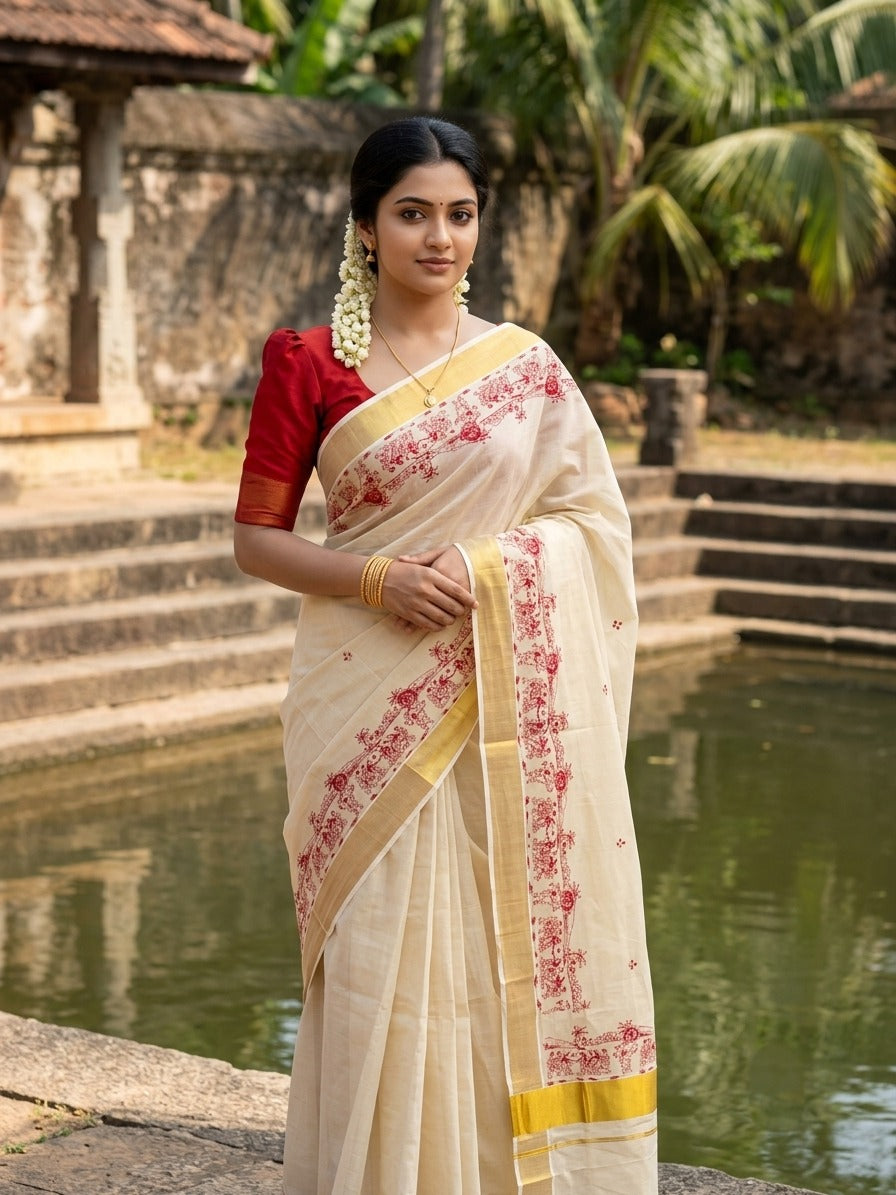 Southloom Tissue Kerala Kasavu Saree with Onam Digital Print on Body and Border in Red SL495