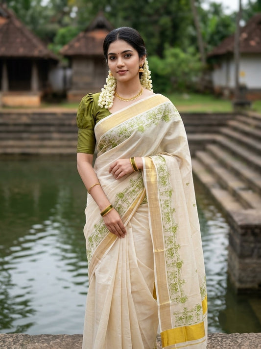 Southloom Tissue Kerala Kasavu Saree with Onam Digital Print on Body and Border in Olive Green SL495