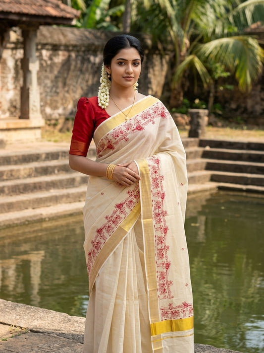 Southloom Tissue Kerala Kasavu Saree with Onam Digital Print on Body and Border in Red SL495