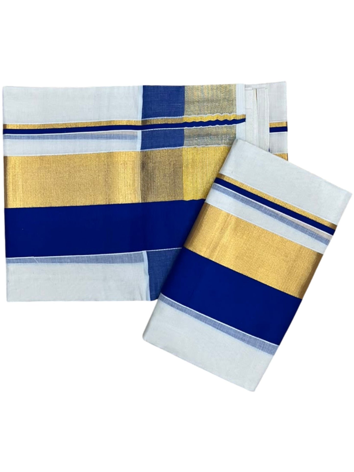 Kerala Cotton Set Mundu (Mundum Neriyathum) with Blue and Kasavu Border 2.80 Mtrs SLKK SL504