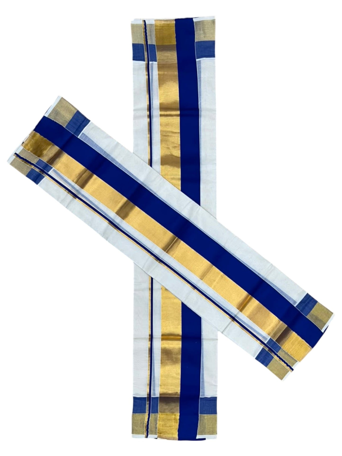 Kerala Cotton Set Mundu (Mundum Neriyathum) with Blue and Kasavu Border 2.80 Mtrs SLKK SL504