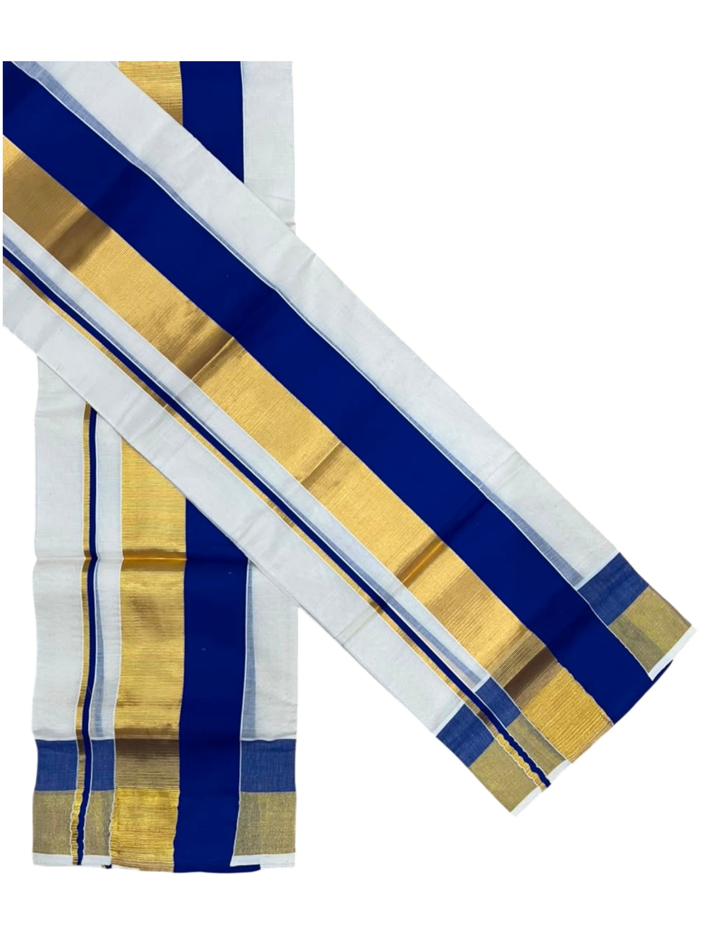 Kerala Cotton Set Mundu (Mundum Neriyathum) with Blue and Kasavu Border 2.80 Mtrs SLKK SL504