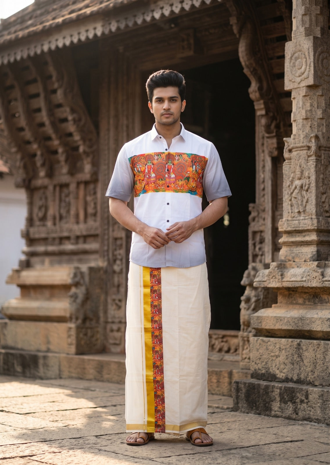 Southloom Cotton Theyyam & Kadhakali Mural Printed Men's Combo In Balck (Shirt + Mundu) SLCOMBO