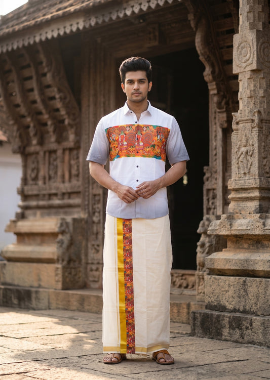 Southloom Cotton Theyyam & Kadhakali Mural Printed Men's Combo In Balck (Shirt + Mundu)