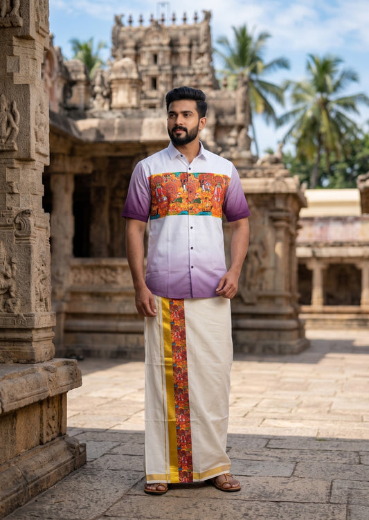 Southloom Cotton Theyyam & Kadhakali Mural Printed Men's Combo In Purple (Shirt + Mundu)