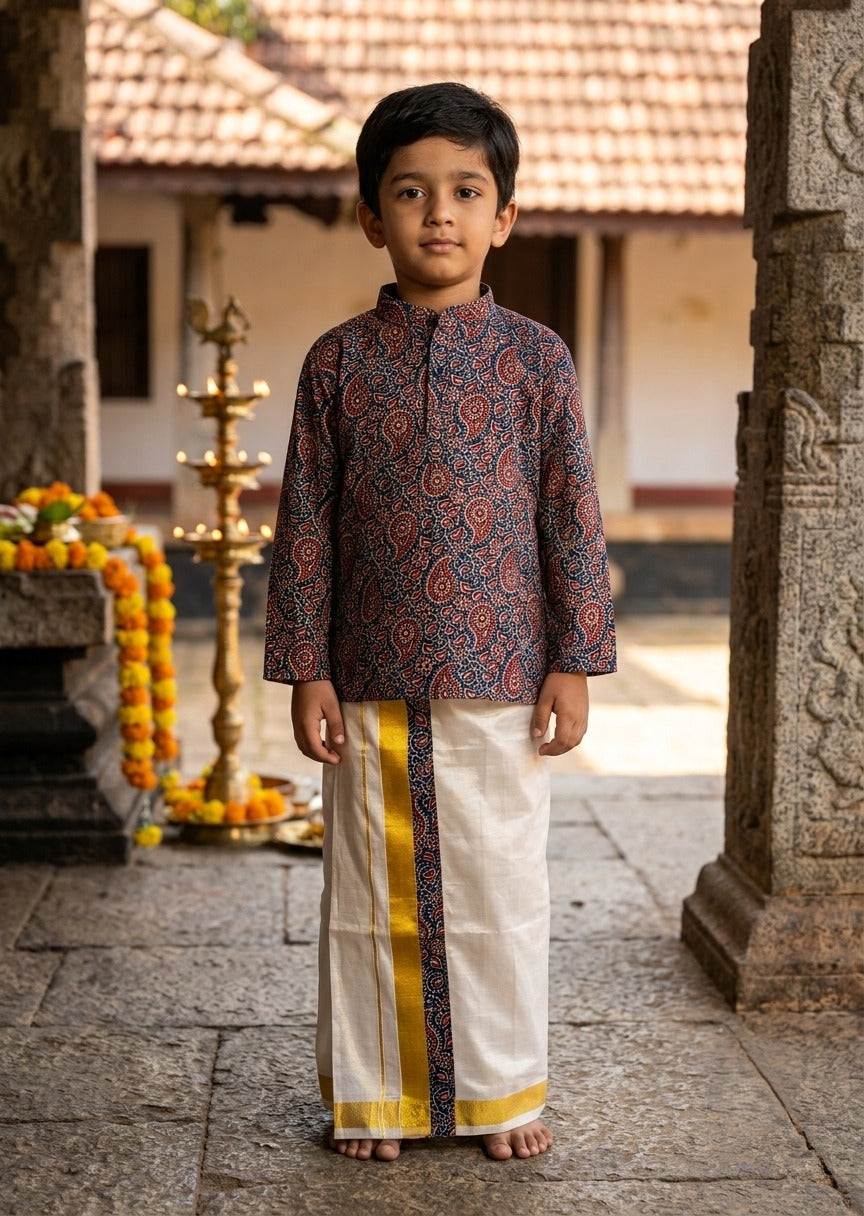 Southloom Tissue Ajrakh Printed Kids's Combo (Kurta + Velcro Mundu)
