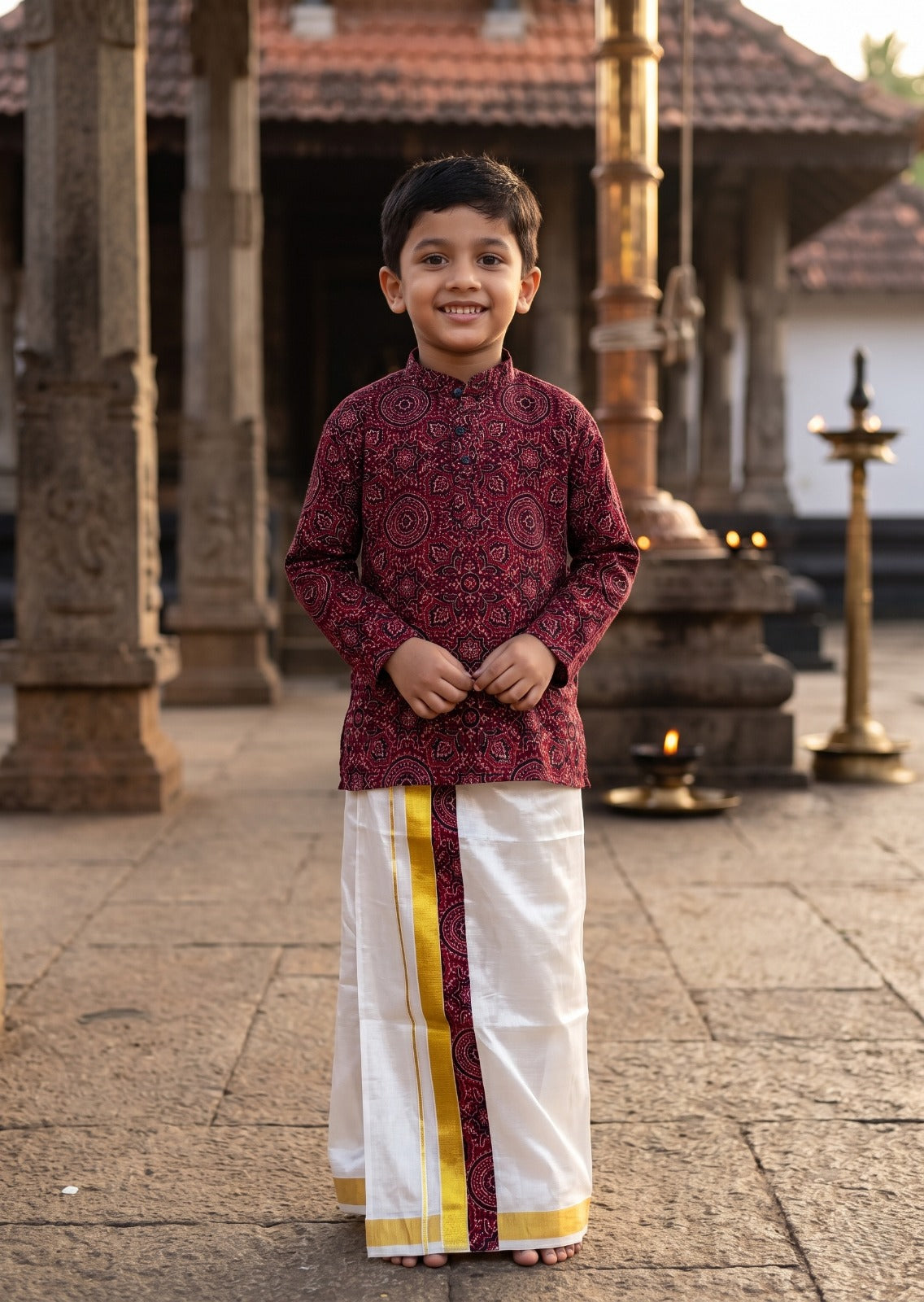Southloom Tissue Ajrakh Printed Kids's Combo (Kurta + Velcro Mundu)