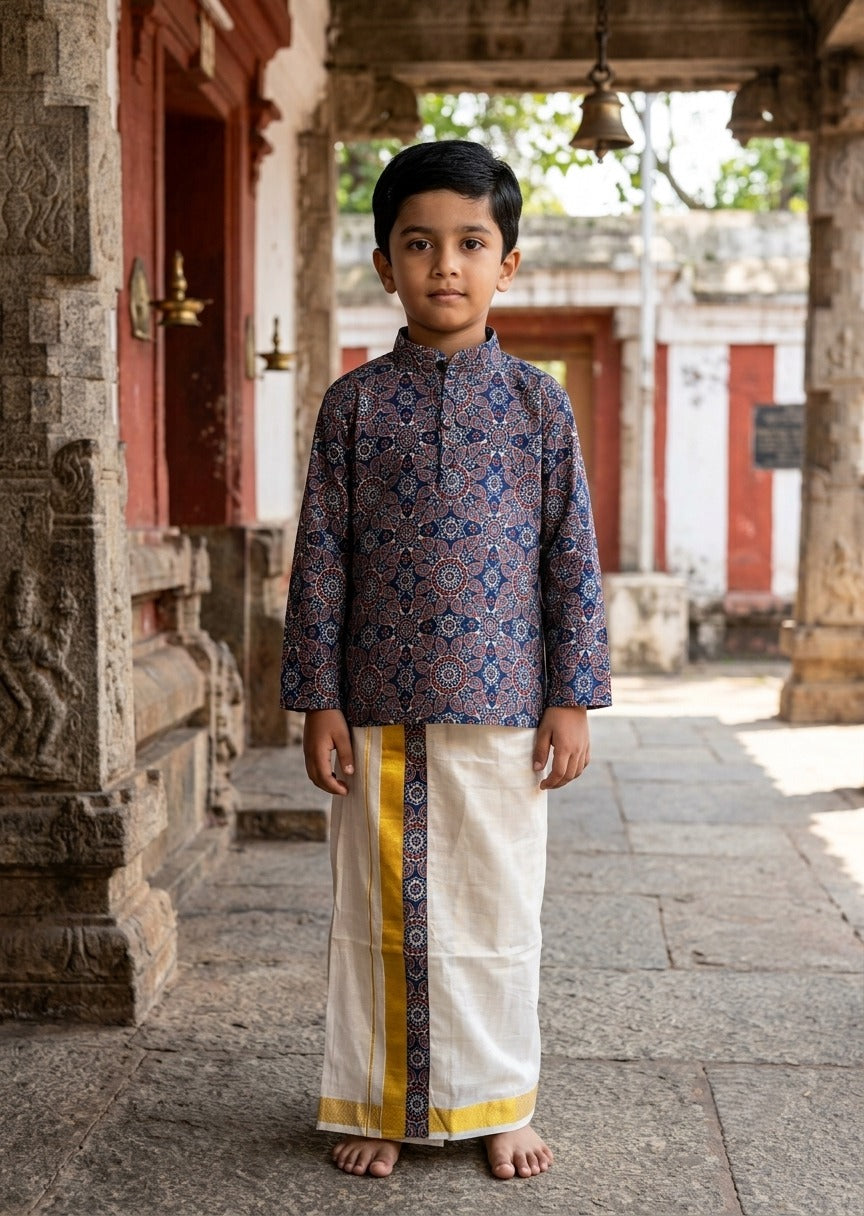 Southloom Tissue Ajrakh Printed Kids's Combo (Kurta + Velcro Mundu)