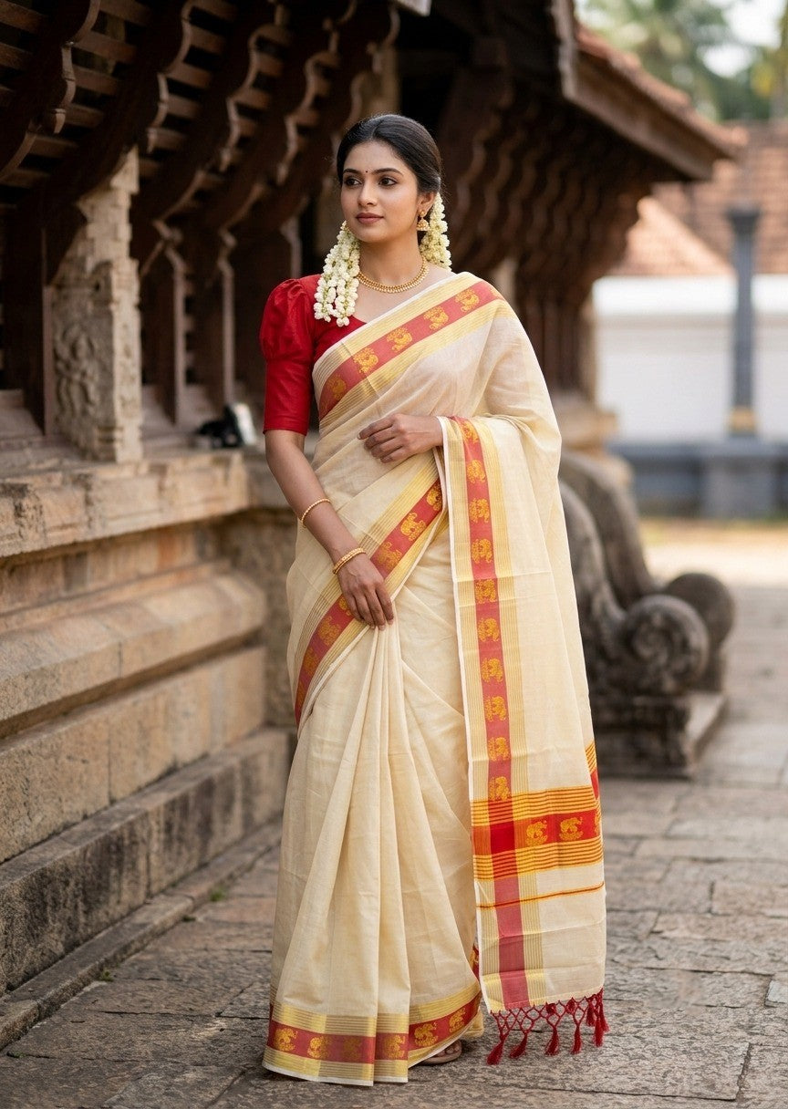 Southloom Kerala Tissue Kasavu Saree with Elephant Digital Print on Borders in Red SL507