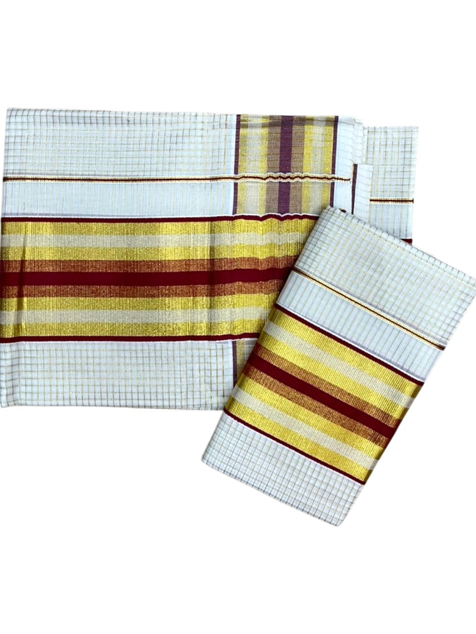 Southloom Pure Cotton Mundum Neriyathum (Set Mundu) with Gold Kasavu Check Acorss Body & Maroon Borders on the Kasavu  2.80 Mtrs SL517