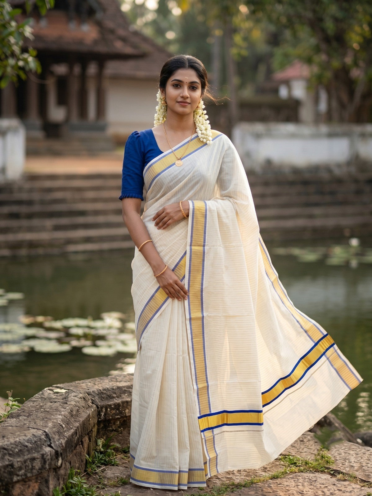 Southloom Pure Cotton Kerala Saree with Gold Kasavu Lines Across Body and Blue Border