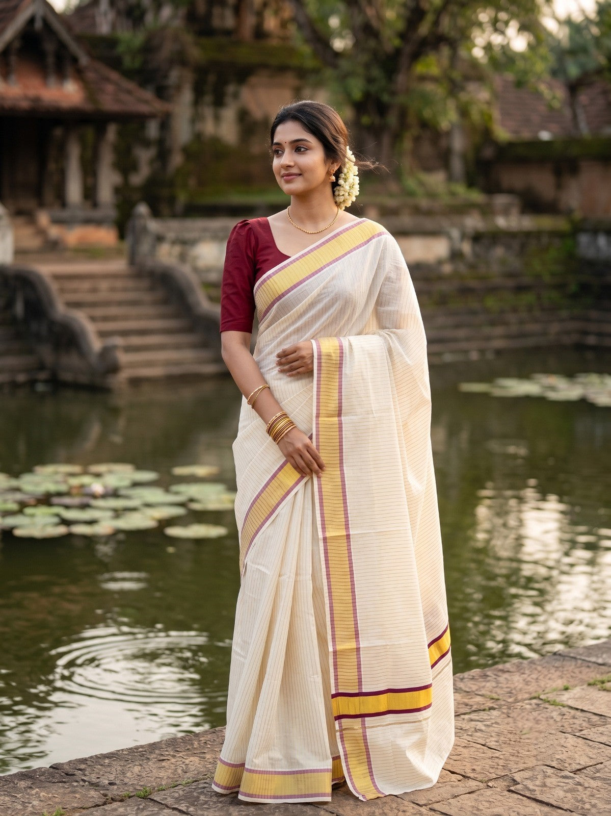 Southloom Pure Cotton Kerala Saree with Gold Kasavu Lines Across Body and Maroon Border