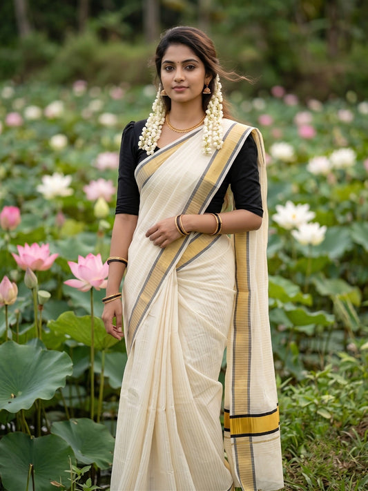 Southloom Pure Cotton Kerala Saree with Gold Kasavu Lines Across Body and Black Border